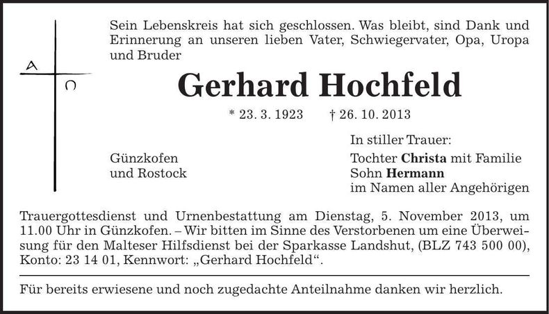 Traueranzeige Gerhard Hochfeld