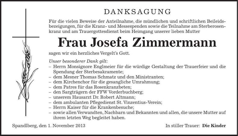Traueranzeige Josefa Zimmermann