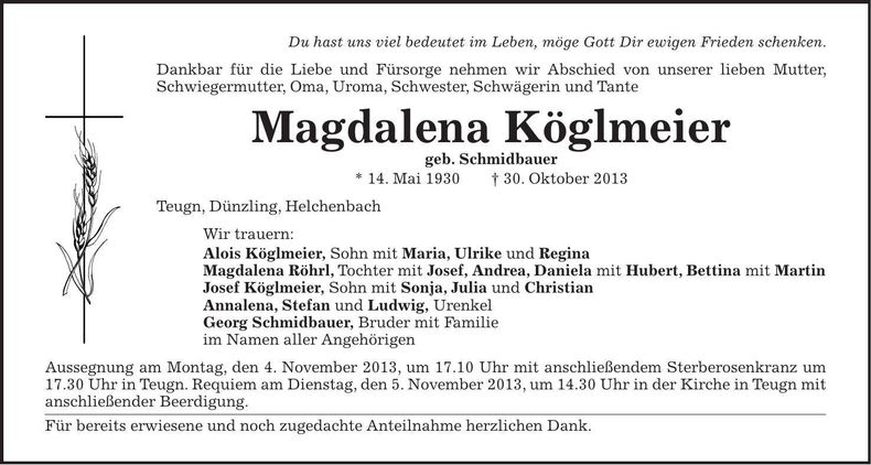 Traueranzeige Magdalena Köglmeier