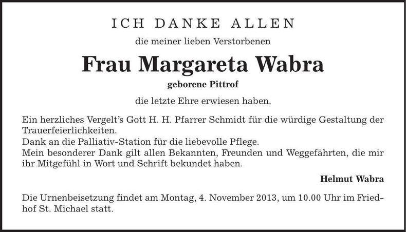 Traueranzeige Margareta Wabra