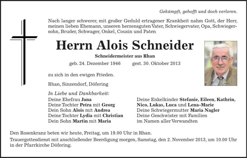 Traueranzeige Alois Schneider