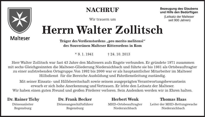 Traueranzeige Walter Zollitsch