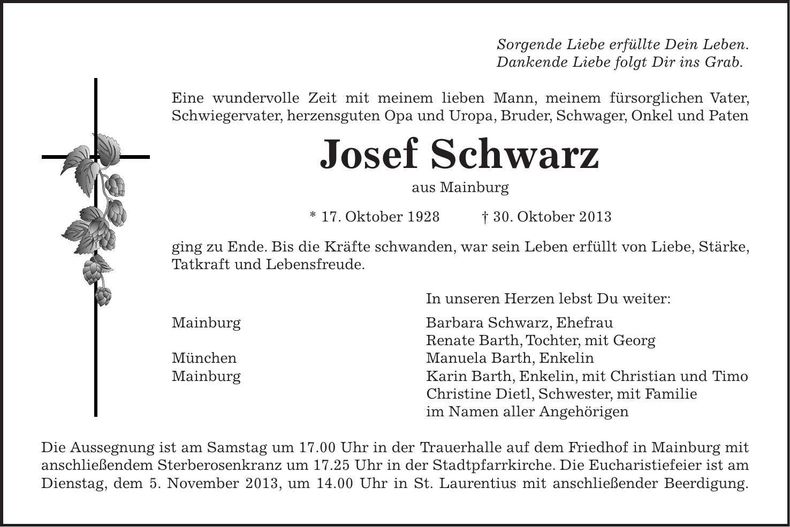 Traueranzeige Josef Schwarz