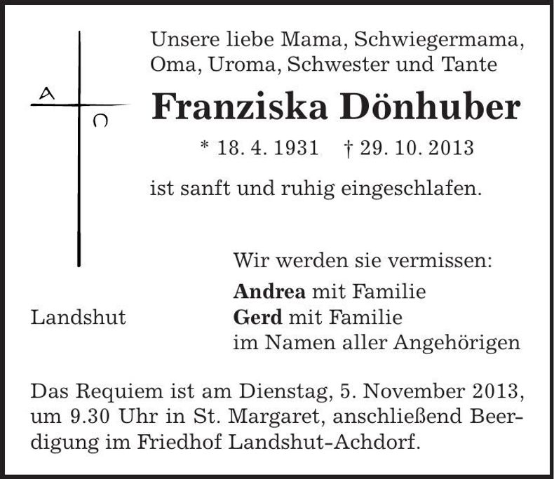 Traueranzeige Franziska Dönhuber