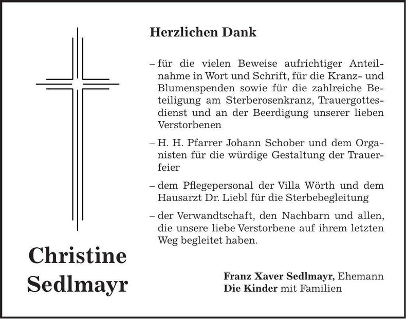 Traueranzeige Christine Sedlmayr