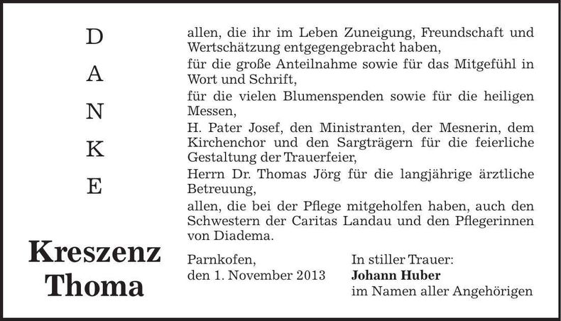 Traueranzeige Kreszenz Thoma