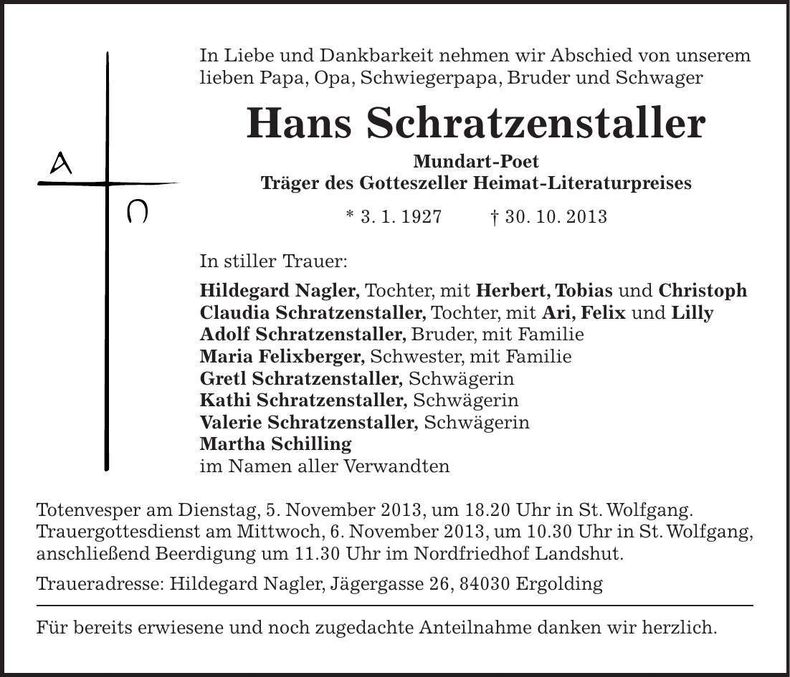 Traueranzeige Hans Schratzenstaller