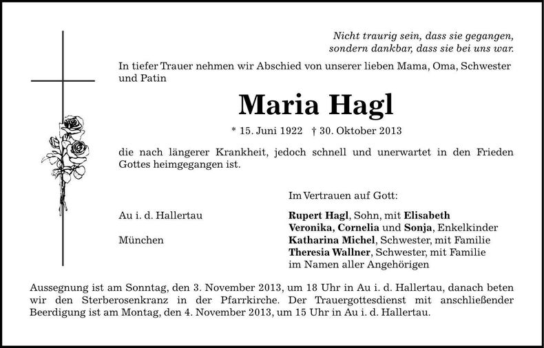 Traueranzeige Maria Hagl
