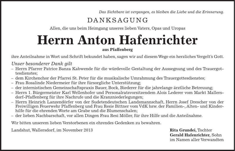 Traueranzeige Anton Hafenrichter