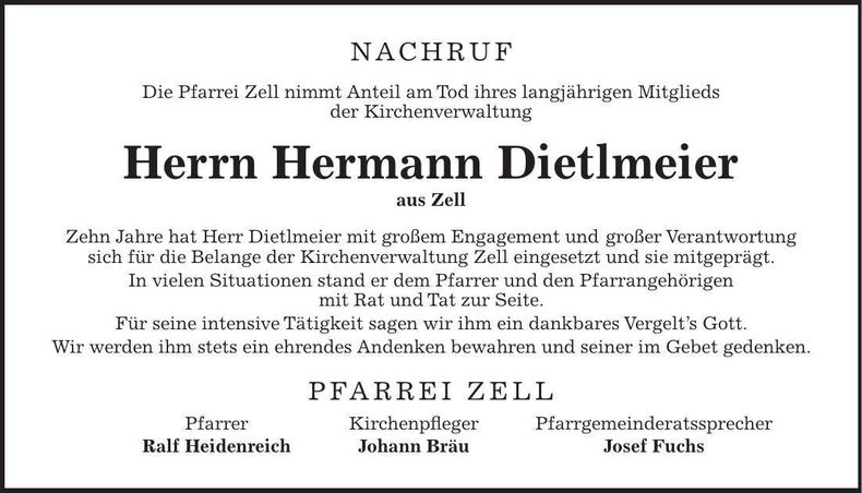 Traueranzeige Hermann Dietlmeier