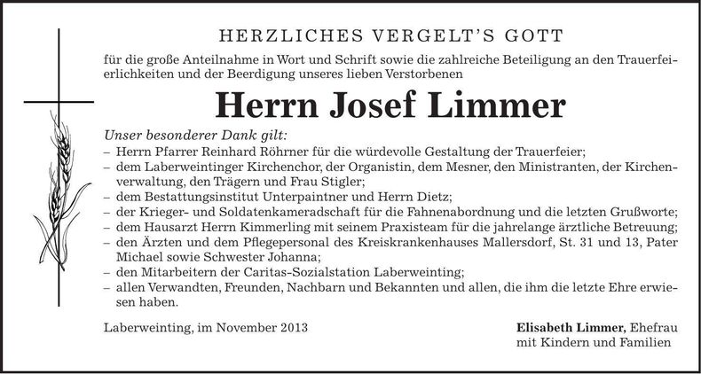 Traueranzeige Josef Limmer
