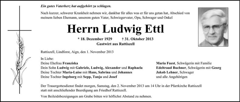 Traueranzeige Ludwig Ettl