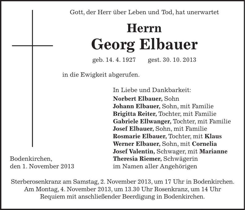 Traueranzeige Georg Elbauer