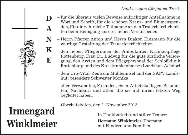 Traueranzeige Irmengard Winklmeier