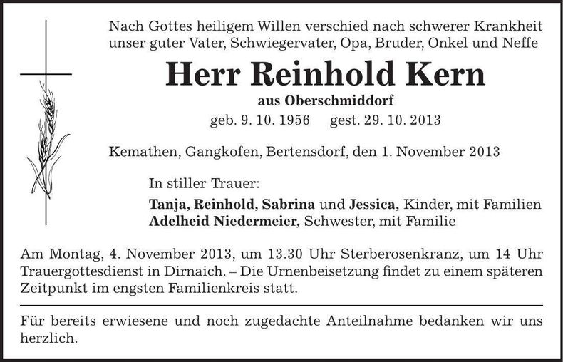 Traueranzeige Reinhold Kern