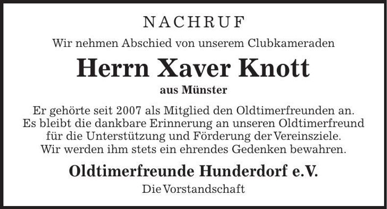 Traueranzeige Xaver Knott