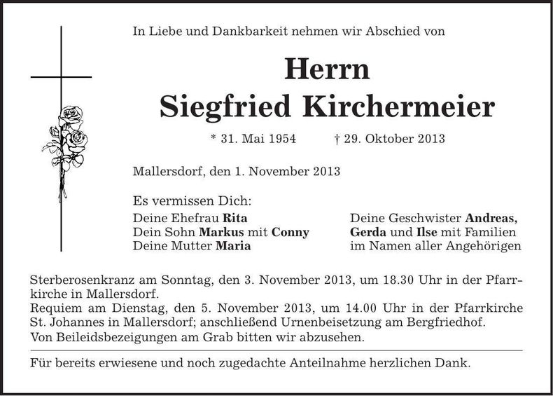 Traueranzeige Siegfried Kirchermeier