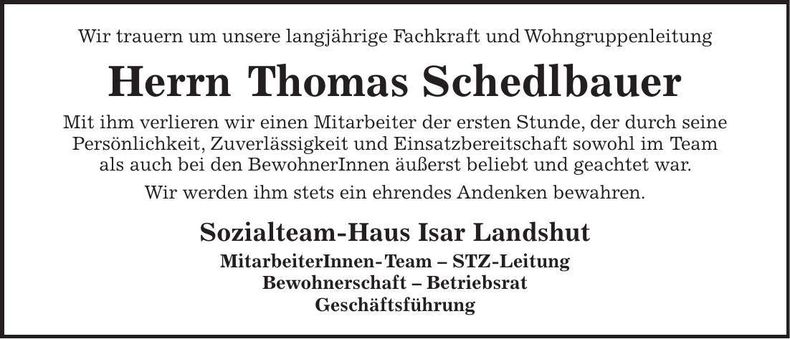 Traueranzeige Thomas Schedlbauer