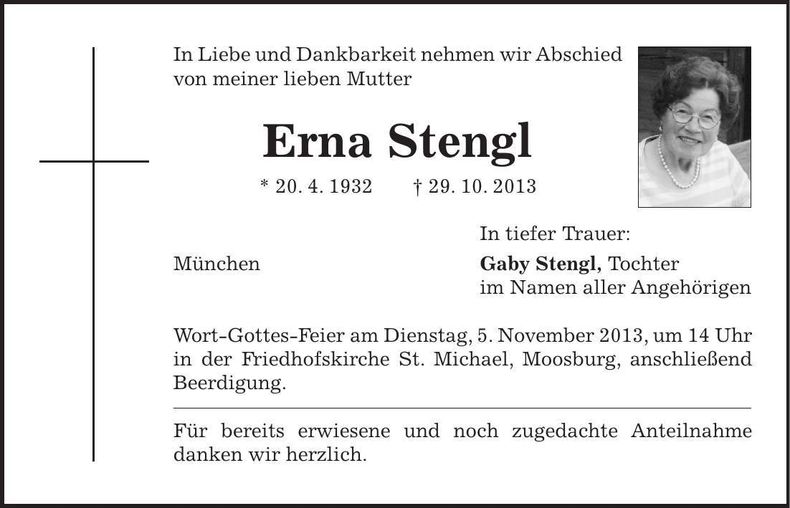 Traueranzeige Erna Stengl