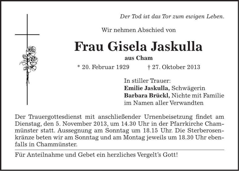 Traueranzeige Gisela Jaskulla