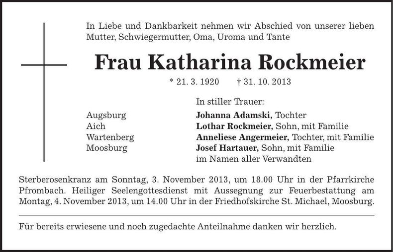 Traueranzeige Katharina Rockmeier