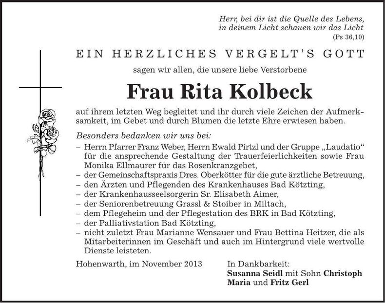 Traueranzeige Rita Kolbeck