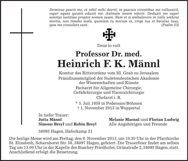 Traueranzeige Heinrich F. K. Männl