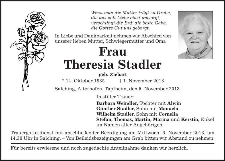 Traueranzeige Theresia Stadler