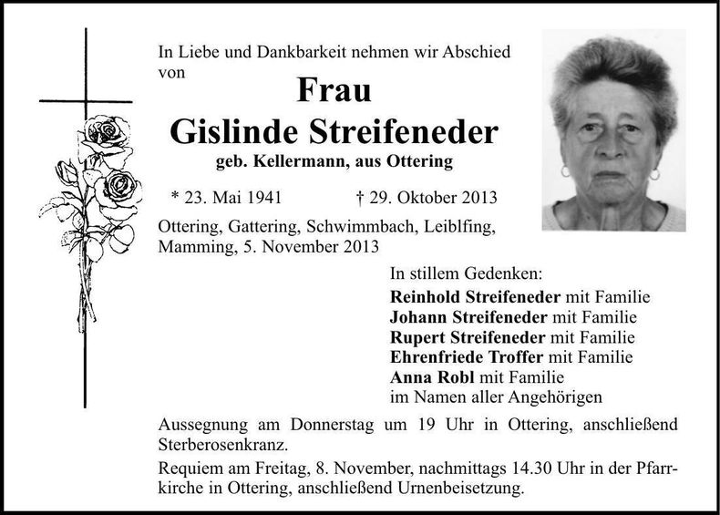 Traueranzeige Gislinde Streifeneder