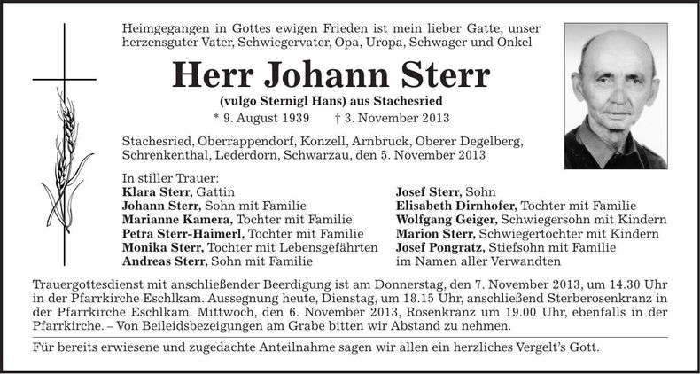 Traueranzeige Johann Sterr