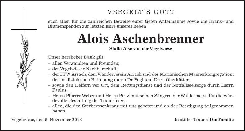 Traueranzeige Alois Aschenbrenner