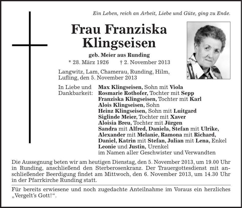 Traueranzeige Franziska Klingseisen
