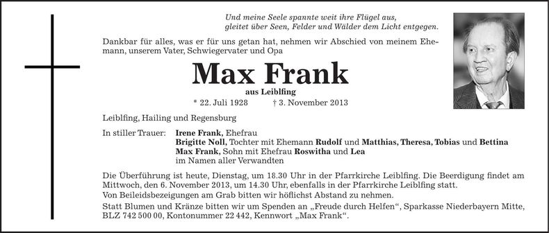 Traueranzeige Max Frank