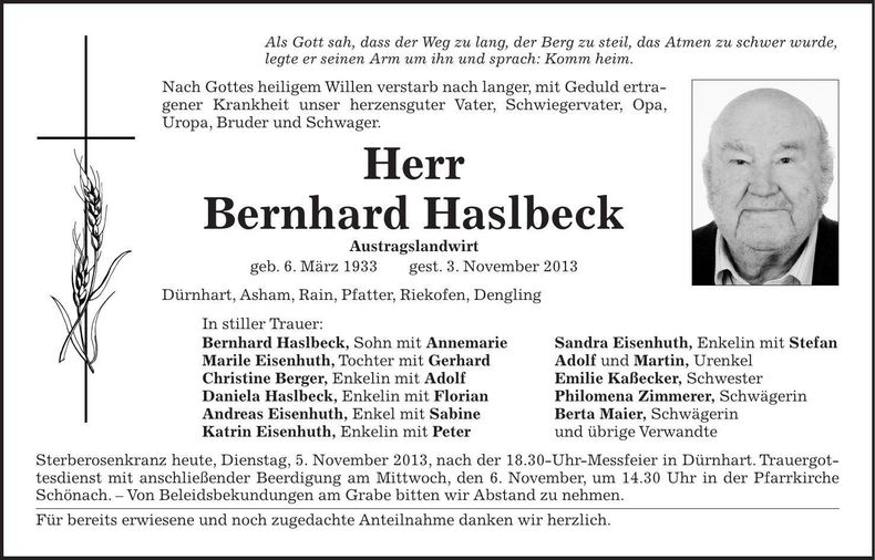 Traueranzeige Bernhard Haslbeck