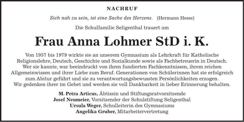 Traueranzeige Anna Lohmer