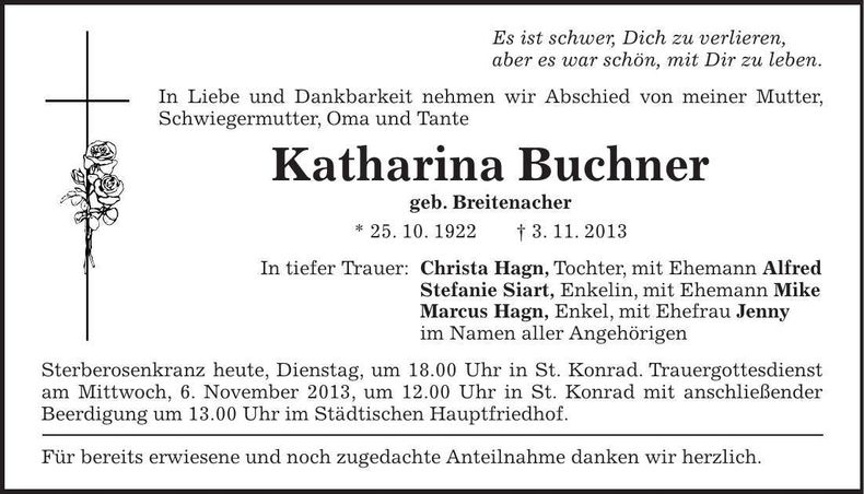 Traueranzeige Katharina Buchner