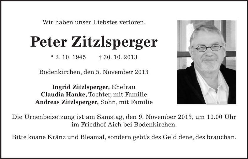 Traueranzeige Peter Zitzlsperger