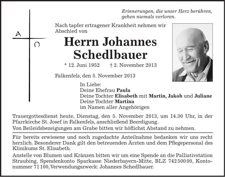 Traueranzeige Johannes Schedlbauer