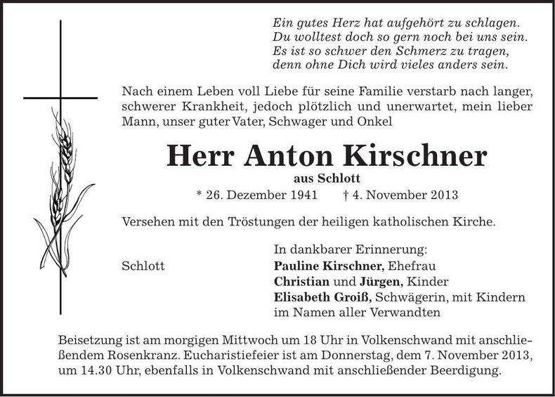 Traueranzeige Anton Kirschner