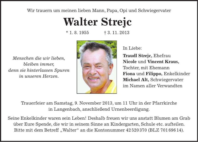 Traueranzeige Walter Strejc