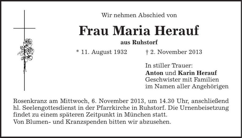 Traueranzeige Maria Herauf