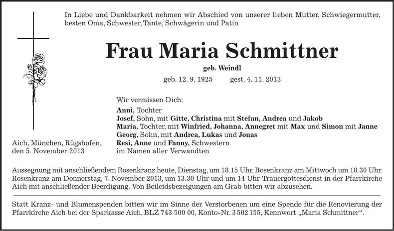 Traueranzeige Maria Schmittner