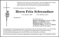 Traueranzeige Fritz Schwandner