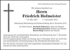 Traueranzeige Friedrich Hofmeister