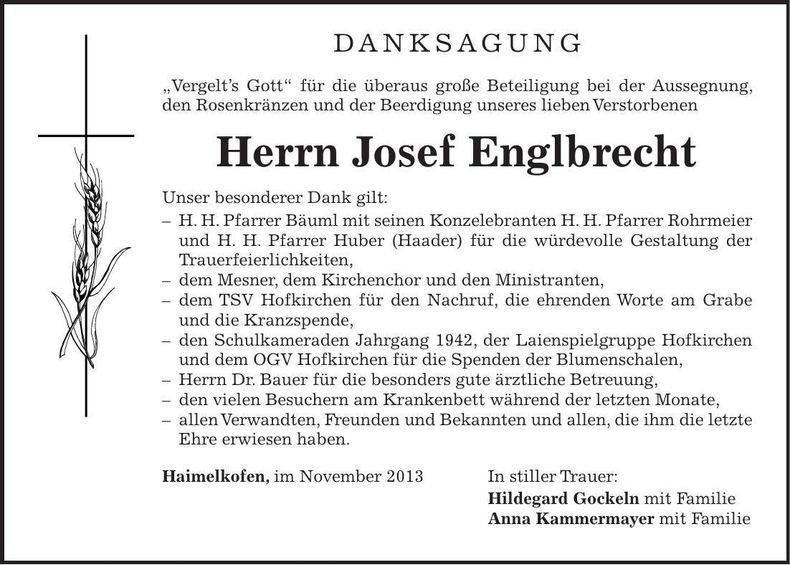 Traueranzeige Josef Englbrecht