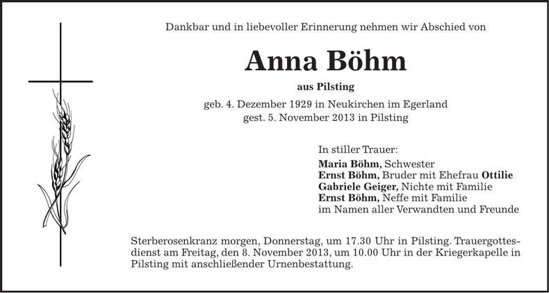 Traueranzeige Anna Böhm