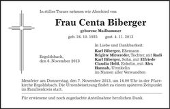 Traueranzeige Centa Biberger