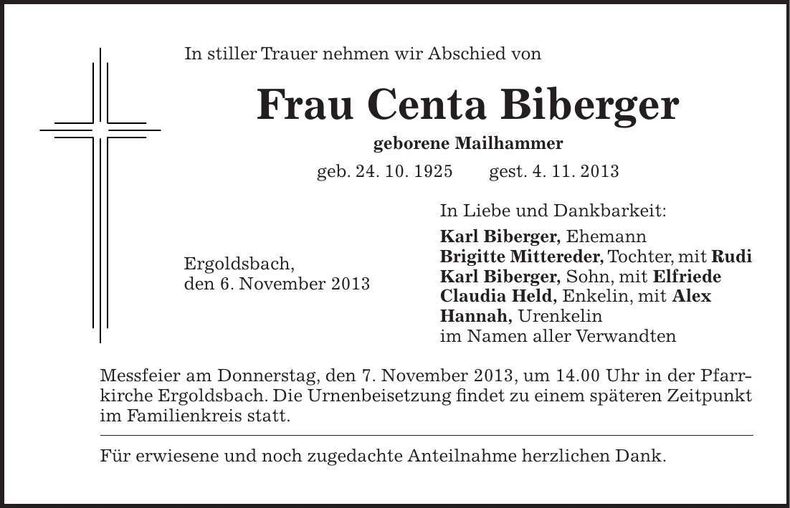 Traueranzeige Centa Biberger