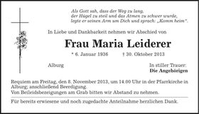 Traueranzeige Maria Leiderer