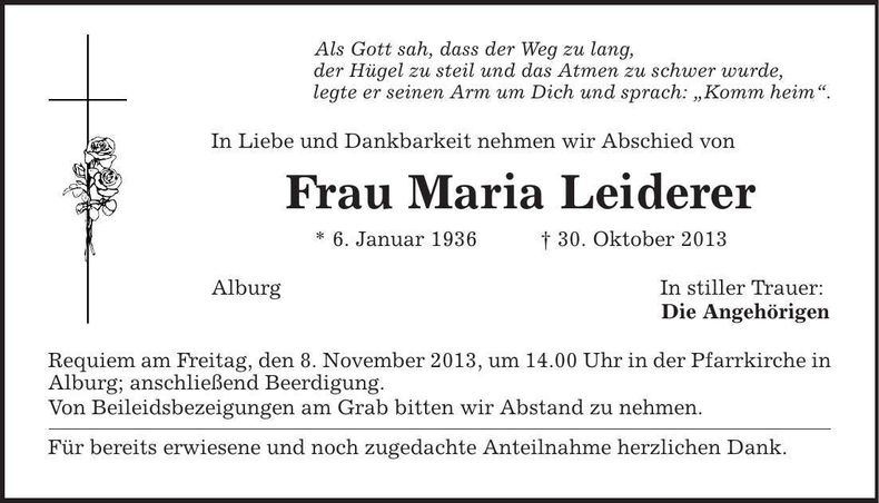 Traueranzeige Maria Leiderer